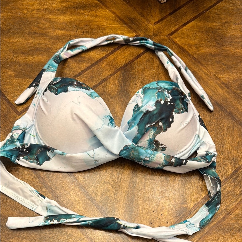 Marble Print Push Up Halter Ruched Wrap Front High Waist bikini M - Picture 7 of 9